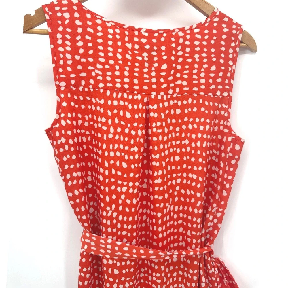 Ann Taylor Shift Womens Dress M Orange White Polka Dot Sleeveless Belted V-Neck